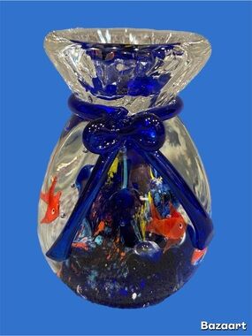 Vintage Murano Glass Goldfish Aquarium in Bag Paperweight Italian Art Sommerso